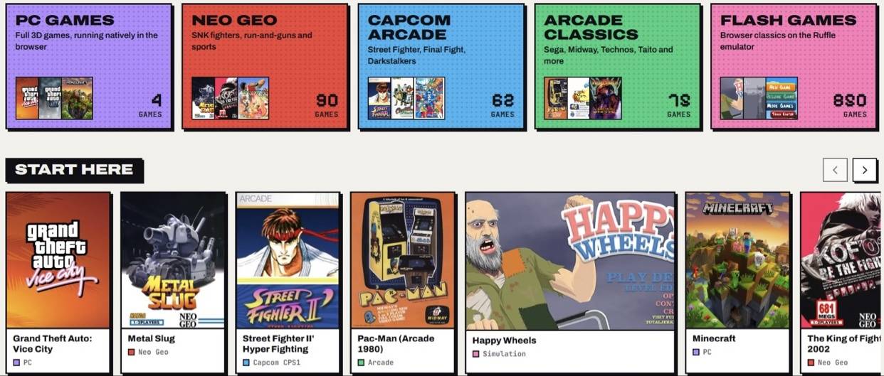 Wasm Arcade game library with PC, Neo Geo, Capcom, arcade and Flash sections